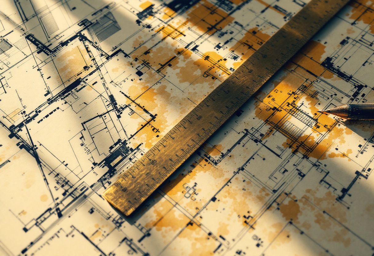 An architectural blueprint fragment in navy ink on warm cream paper with a brass straight edge across one corner