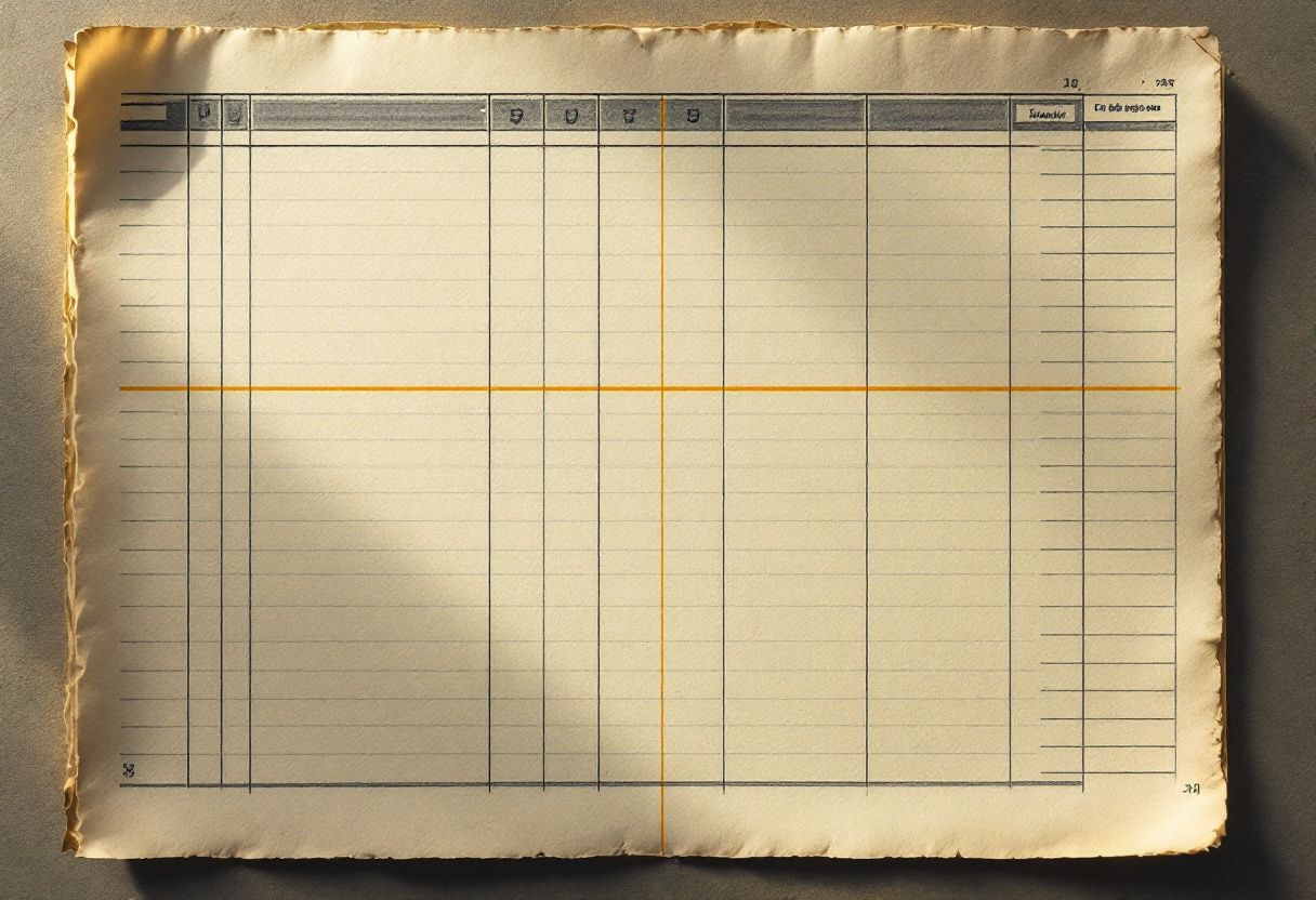 A hand-ruled ledger grid in navy ink on cream paper